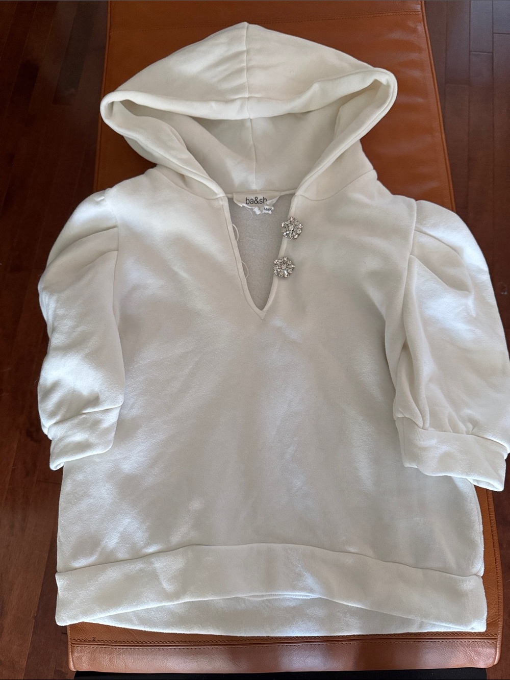 ba&sh Ivory Hooded hoodie with Crystal Accents and puffed shoulder